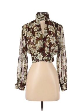 Zara Brown Floral Sheer Mock-Neck Cropped Blouse